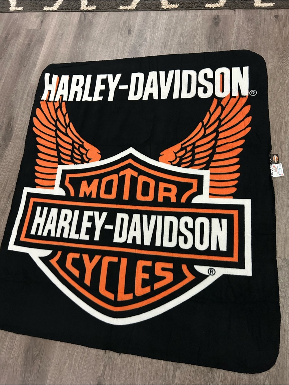 Harley Davidson Fleece Throw Blanket 56x48" Black/Orange/White Motorcycle - Picture 7 of 8
